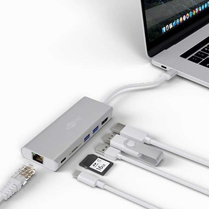 GOOBAY USB-C / RJ45 + HDMI + 2xUSB 3.0 + USB-C + SD srebrn dock priklopna postaja