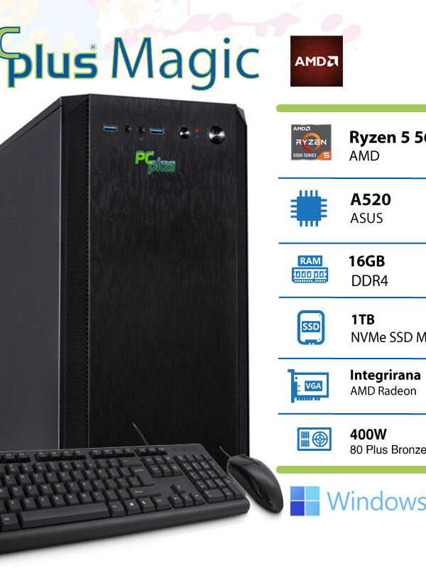 PCPLUS Magic AMD Ryzen 5 5600G 16GB 1TB NVMe SSD Windows 11 Home tipkovnica miška namizni računalnik