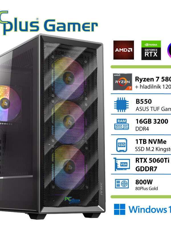 PCPLUS Gamer Ryzen 7 5800X 16GB 1TB SSD RTX 5060Ti 8GB Windows 11 Home gaming namizni računalnik