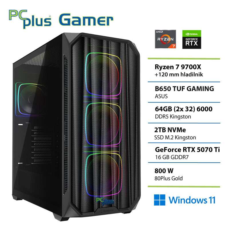 PCPLUS Gamer Ryzen 7 9700X 64GB 2TB SSD RTX 5070Ti 16GB Windows 11 Home gaming namizni računalnik