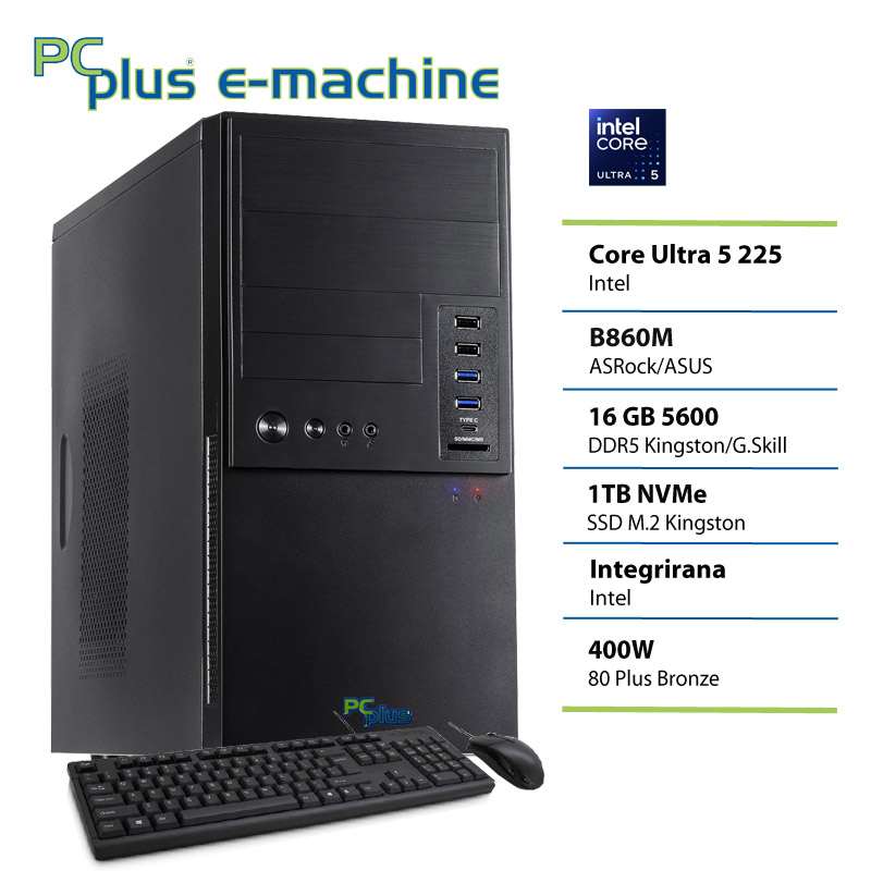 PCPLUS e-machine Core Ultra 5 225 16GB 1TB SSD tipkovnica miška namizni računalnik