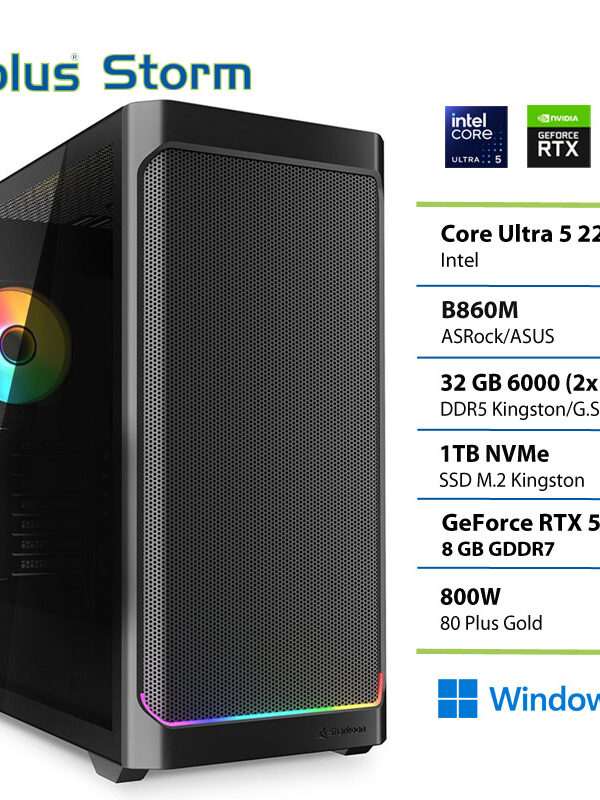PCPLUS Storm Core Ultra 5 225F 32GB 1TB SSD RTX 5060Ti 8GB Windows 11 Home gaming namizni računalnik