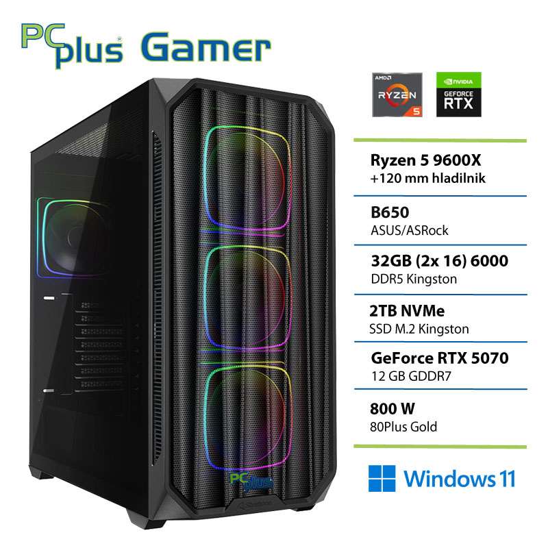 PCPLUS Gamer Ryzen 5 9600X 32GB 2TB SSD RTX 5070 12GB Windows 11 Home gaming namizni računalnik