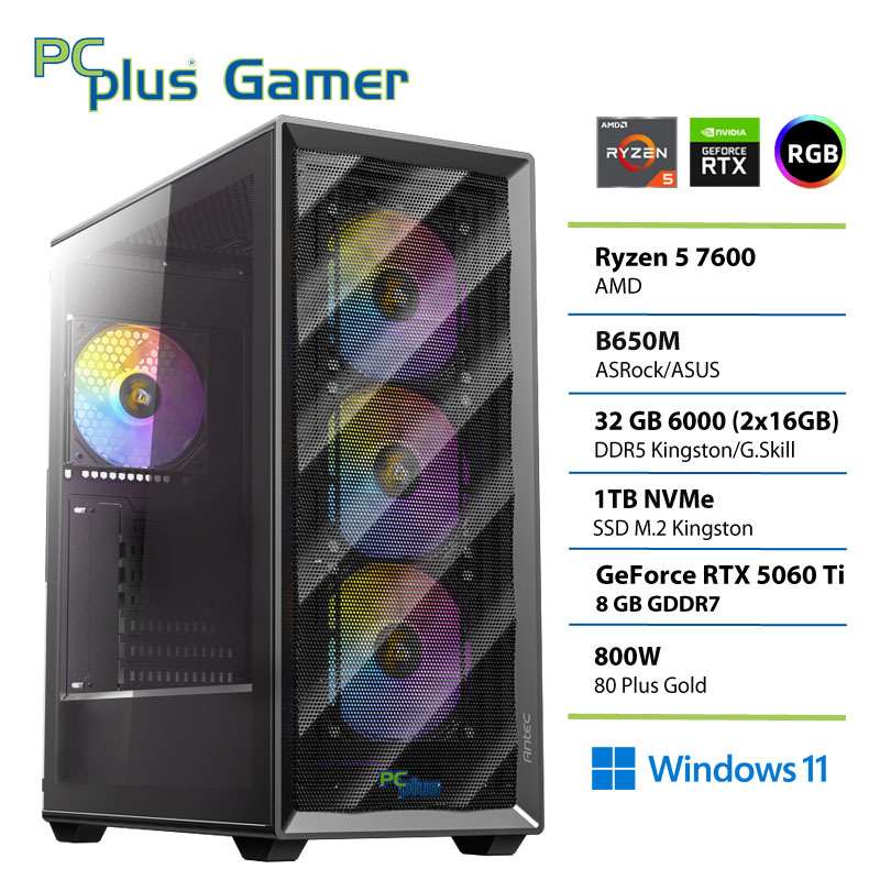 PCPLUS Gamer Ryzen 5 7600 32GB 1TB SSD RTX 5060Ti 8GB Windows 11 Home gaming namizni računalnik