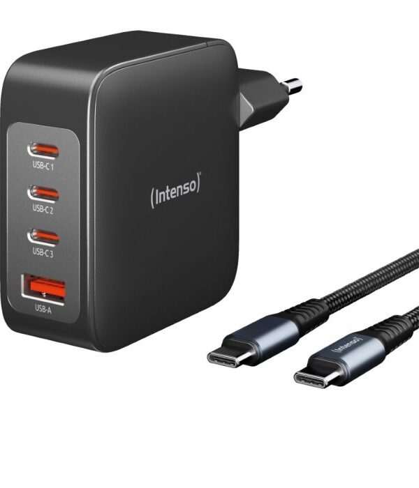 Intenso 140W GaN napajalnik s priključkom 3xUSB-C in 1xUSB-A ter priloženim 2M 200W USB-C kablom